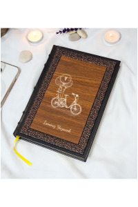 Bisiklet Desenli Termo Deri + Ahşap Anı Defteri - Çizgili Defter - Hediyelik (17x24 cm- 320 Sayfa)