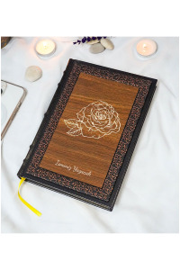 Gül Desenli Termo Deri + Ahşap Anı Defteri - Çizgili Defter - Hediyelik (17x24 cm- 320 Sayfa)