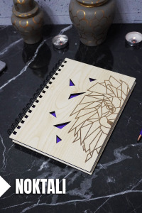 Aslan Temalı Ahşap Kapaklı Defter - Noktalı Defter - Ajanda - Okul Defteri (A5 - 120 Sayfa)