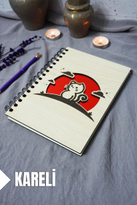 Kedi Desenli Ahşap Kapaklı Defter - Kareli Defter - Ajanda - Okul Defteri (A5 - 120 Sayfa)