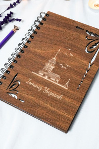 Kişiye Özel Kız Kulesi Desenli Ahşap Kapaklı Defter - Ajanda - İsme Özel - A5 60 Yaprak (120 SAYFA) Hediyelik
