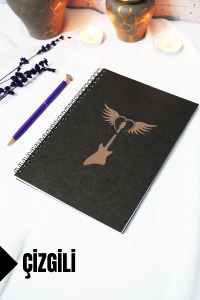 A5 Gitar Temalı Siyah Kraft Kapaklı Defter - Çizgili Defter - 60 yaprak (120 sayfa) 15x21 cm