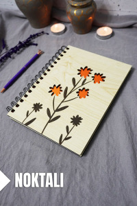 Çiçek Desenli Ahşap Kapaklı Defter - Noktalı Defter - Ajanda - Okul Defteri (A5 - 120 Sayfa)