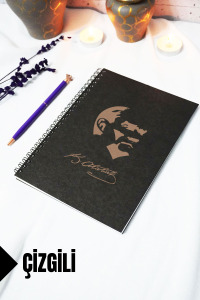 A5 Mustafa Kemal Atatürk Temalı Siyah Kraft Kapaklı Defter - Çizgili Defter - 60 yaprak (120 sayfa)