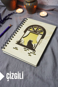 Kedi Desenli Ahşap Kapaklı Defter - Çizgili Defter - Ajanda - Okul Defteri (A5 - 120 Sayfa)