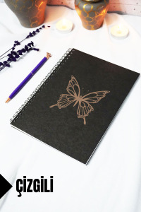 A5 Kelebek Temalı Siyah Kraft Kapaklı Defter - Çizgili Defter - 60 yaprak (120 sayfa) 15x21 cm