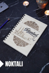İstanbul Temalı Ahşap Kapaklı Defter - Noktalı Defter - Ajanda - Okul Defteri (A5 - 120 Sayfa)