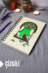 Kedi Desenli Ahşap Kapaklı Defter - Çizgili Defter - Ajanda - Okul Defteri (A5 - 120 Sayfa)