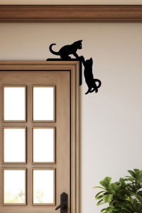 Kedi Kapı Pervaz Kenar Süsü SAĞ (25X25 CM) Siyah Ahşap Duvar Dekoru - Ev Süsü