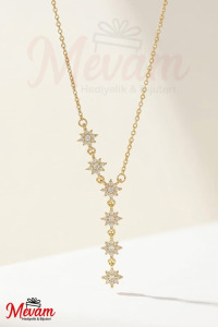  Yıldızlı Y model Zirkon Taşlı Çelik Kolye - Gold
